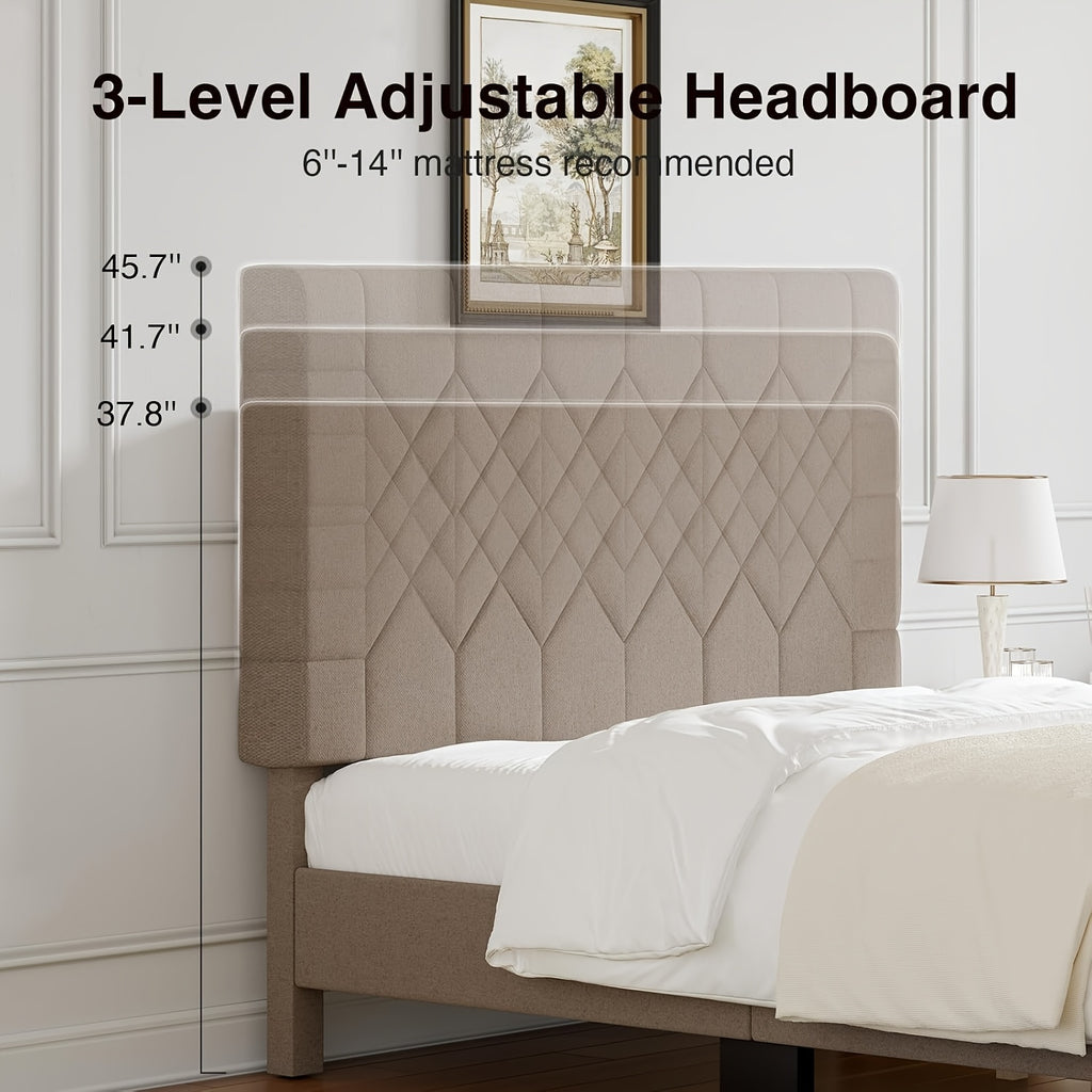 beige linen upholstered bed frame geometric tufted headboard - Temu