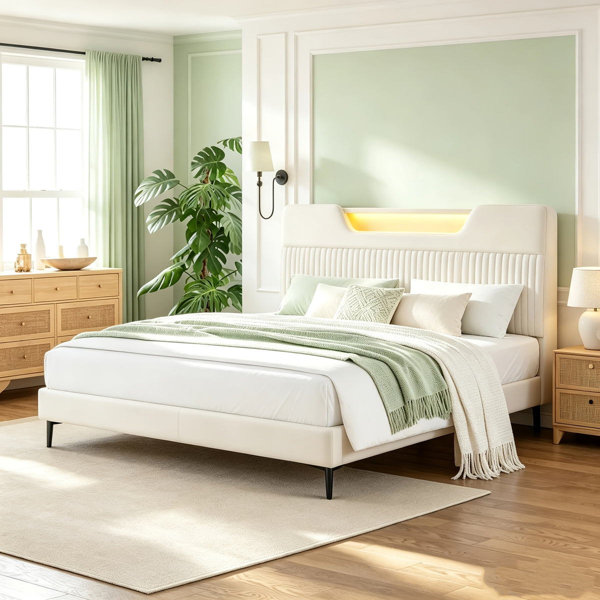 velvet upholstered platform bed frame rgb led lights - Temu
