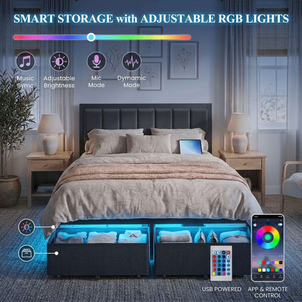 bed frame metal platform bed storage drawers led lighting - Temu