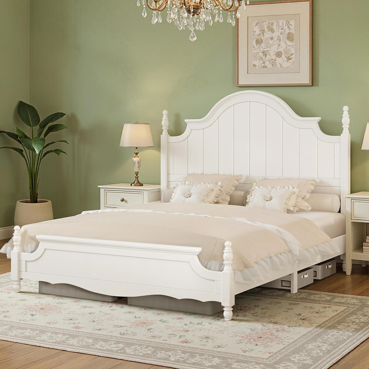 classic wooden bed frame a high arched headboard - Temu