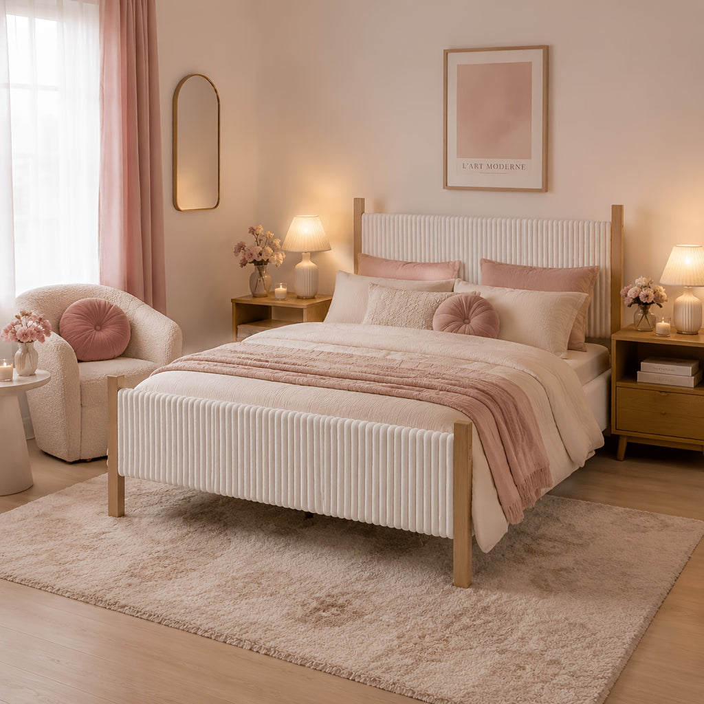 vertical fluted upholstered bed frame natural   - Temu