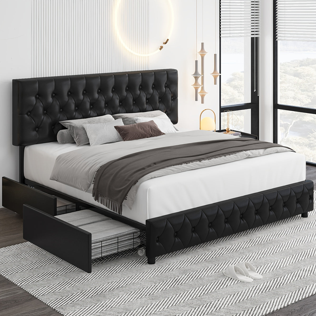 modern upholstered bed frame 4 storage drawers platform bed - Temu