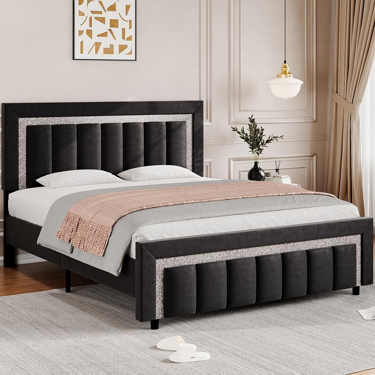 twin full queen size bed frame black velvet upholstered bed - Temu