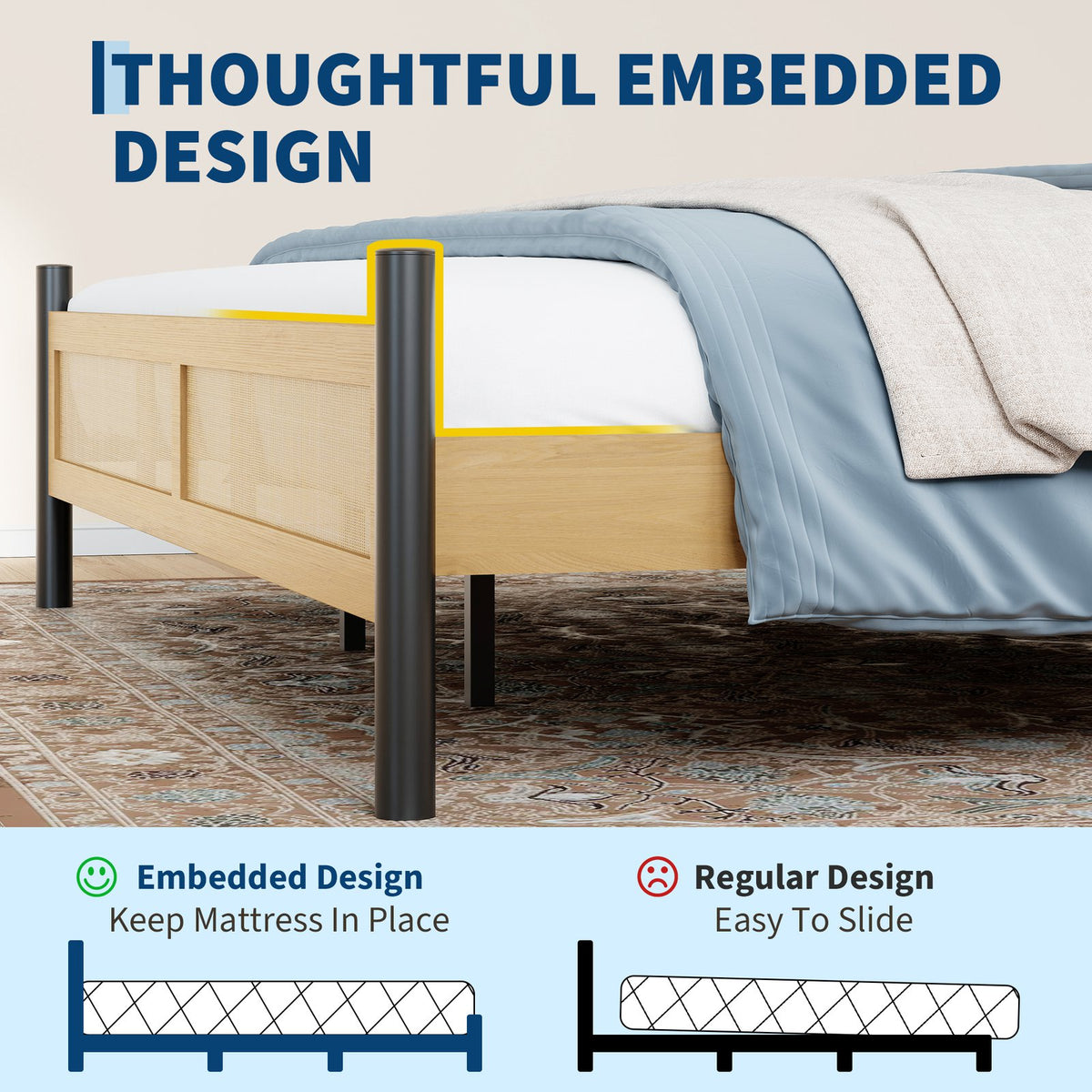 woven rattan metal bed frame industrial style bedroom - Temu