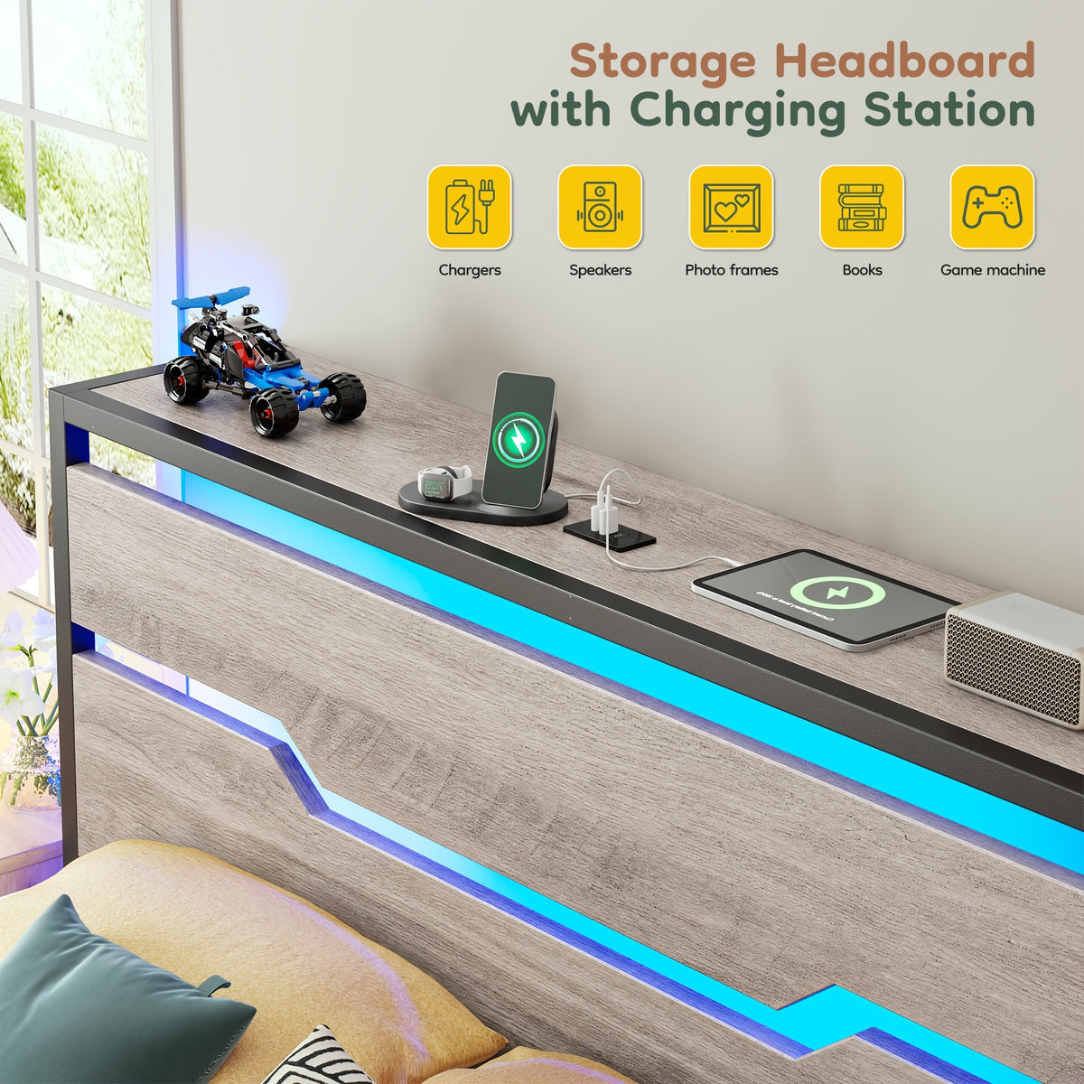 bed frame usb ports led lights headboard shelf heavy duty - Temu