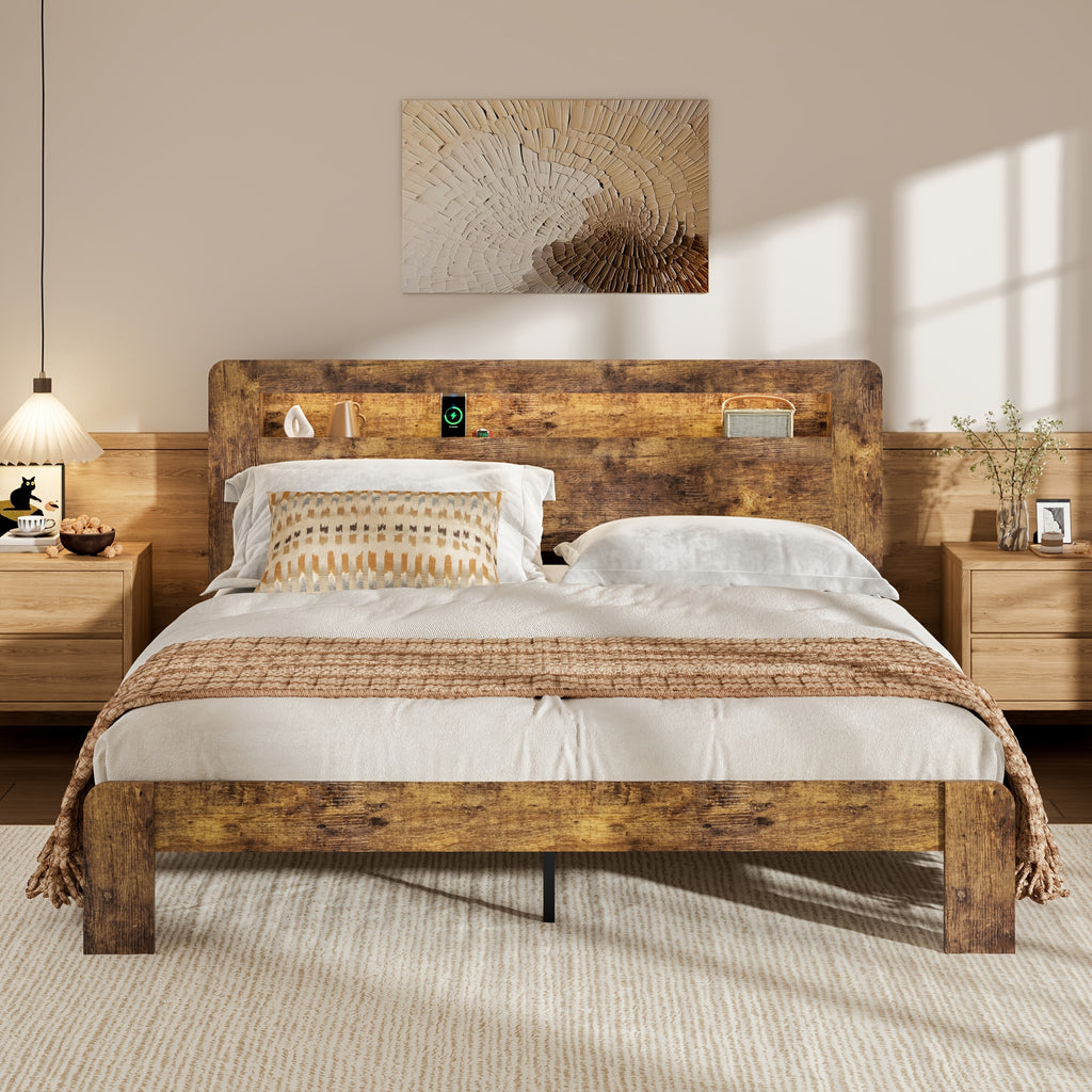 king queen size farmhouse bed frame storage headboard rustic - Temu