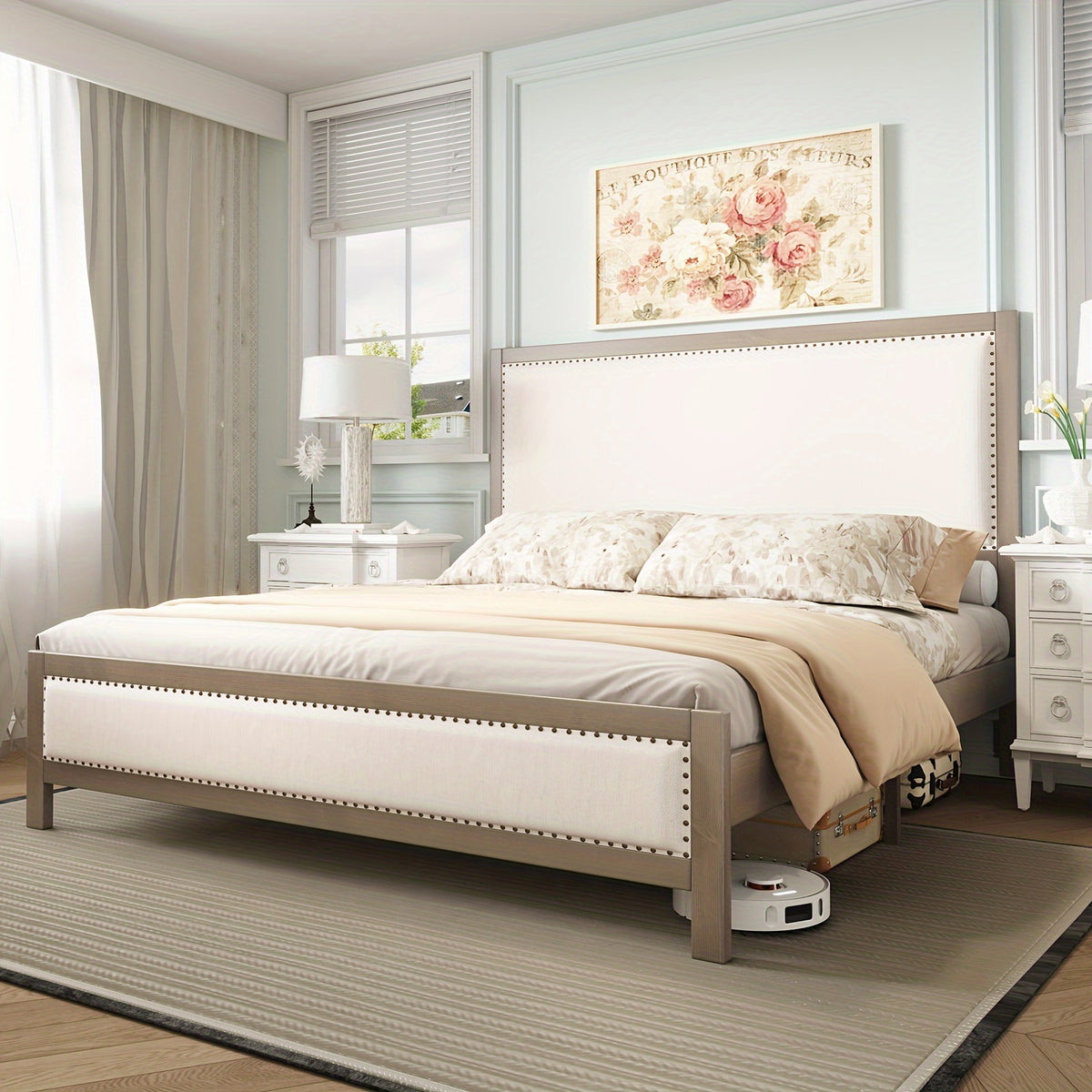 a platform bed featuring a sturdy wooden frame a linen - Temu