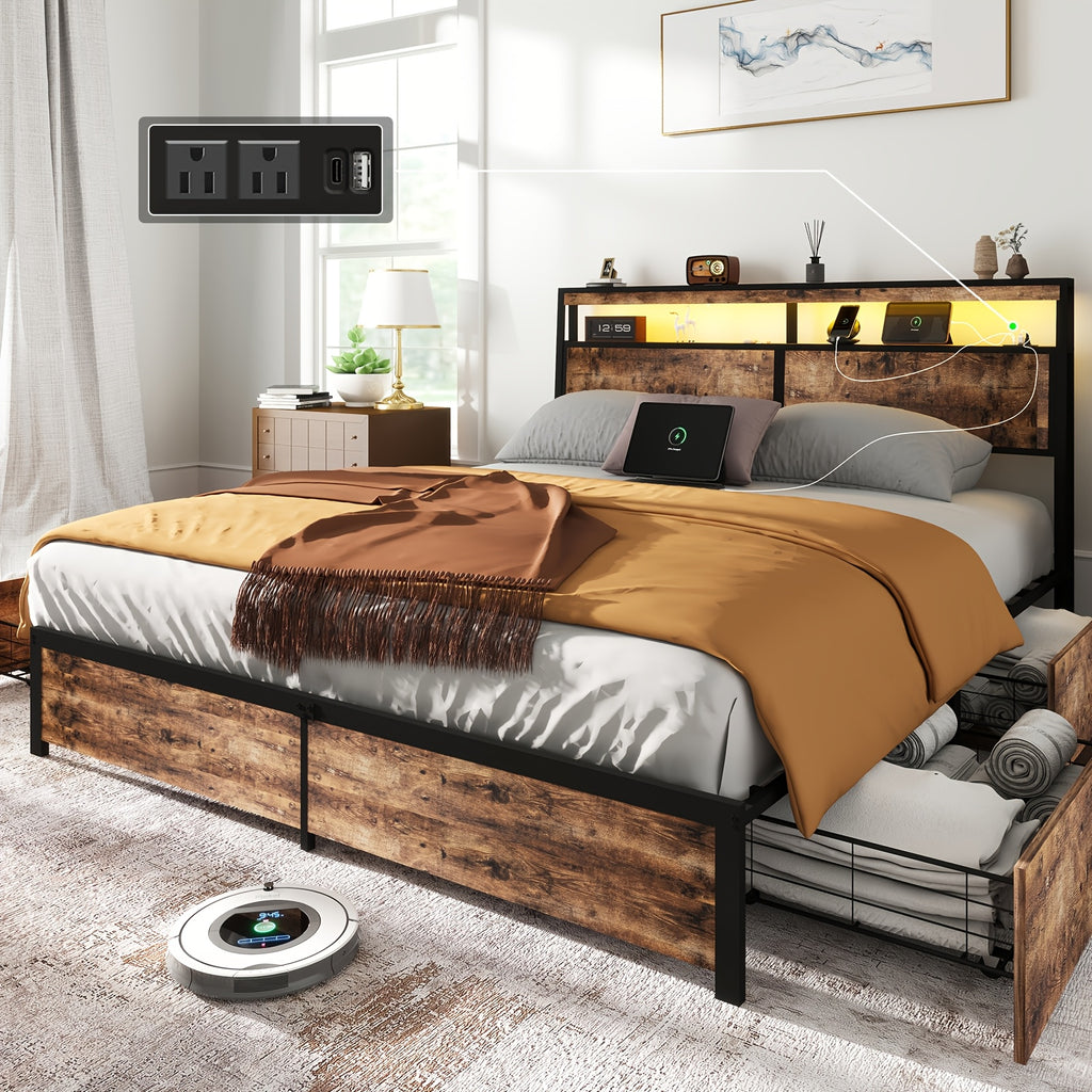 full queen king size bed frame 4 storage drawers headboard - Temu