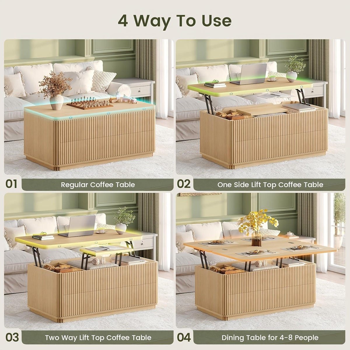 fluted lift top coffee table 2 drawers large hidden storage - Temu