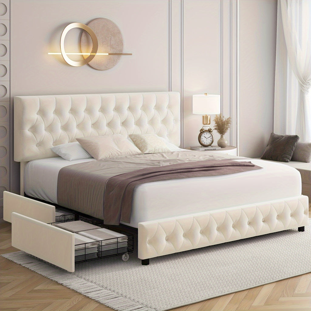 modern upholstered bed frame 4 storage drawers platform bed - Temu
