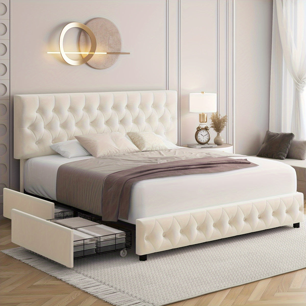 modern upholstered bed frame 4 storage drawers platform bed - Temu