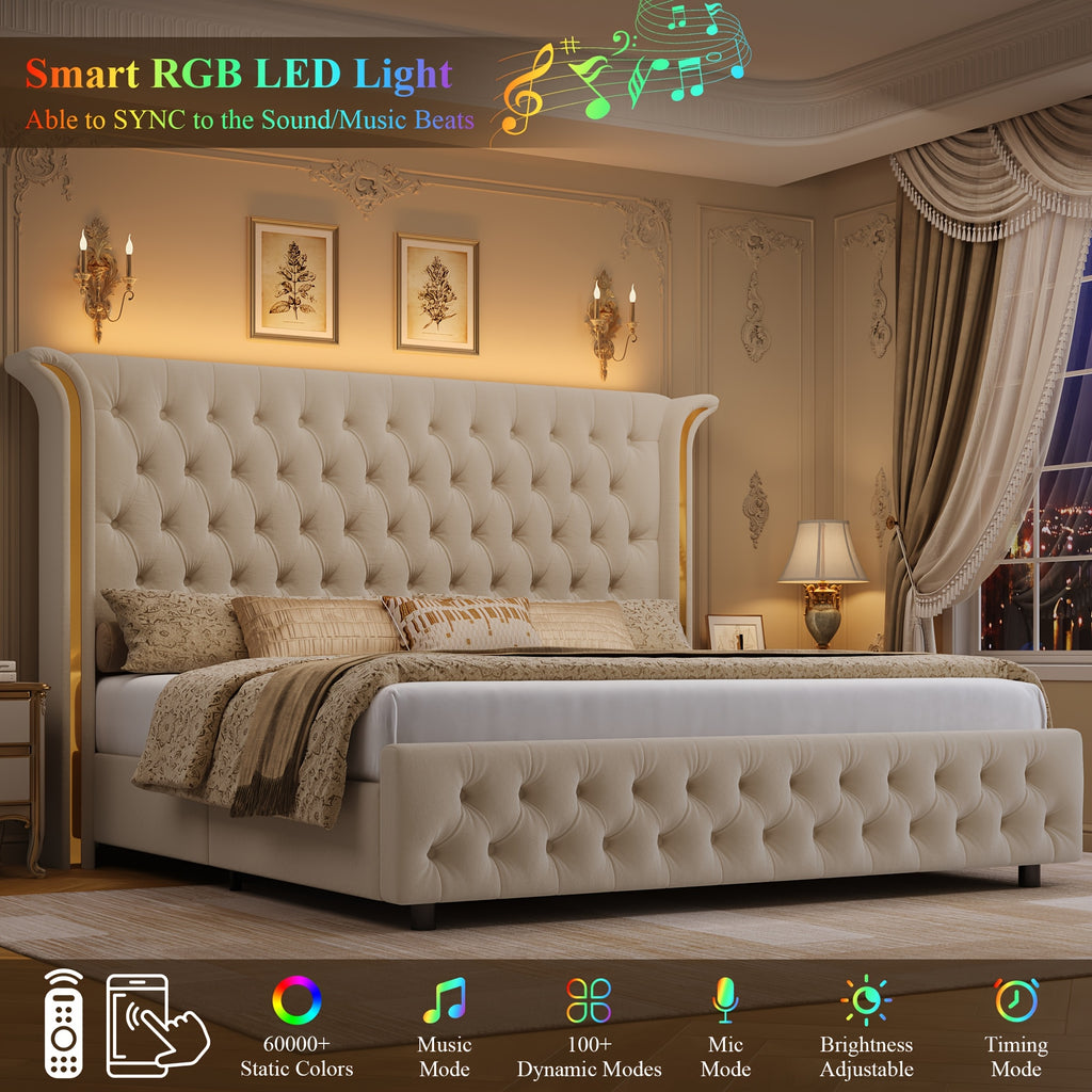 full size bed frame led headboard wingback tufted headboard - Temu