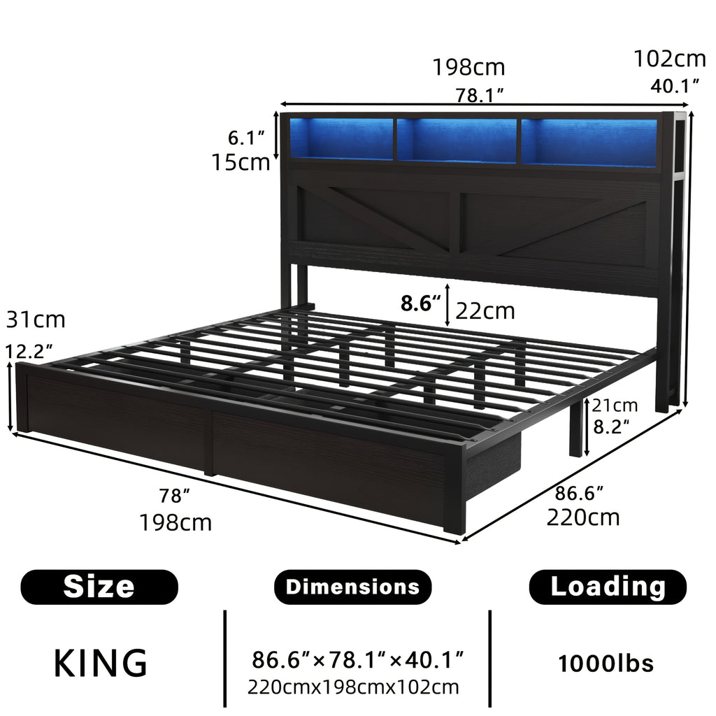 farmhouse bed frame bookcase headboard storage drawers no - Temu