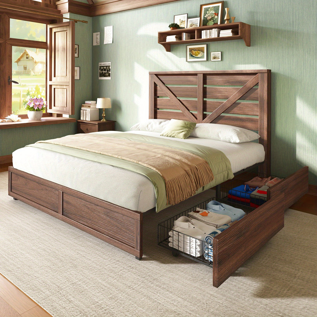 farmhouse bed frame 4 storage drawers rustic vintage mdf - Temu