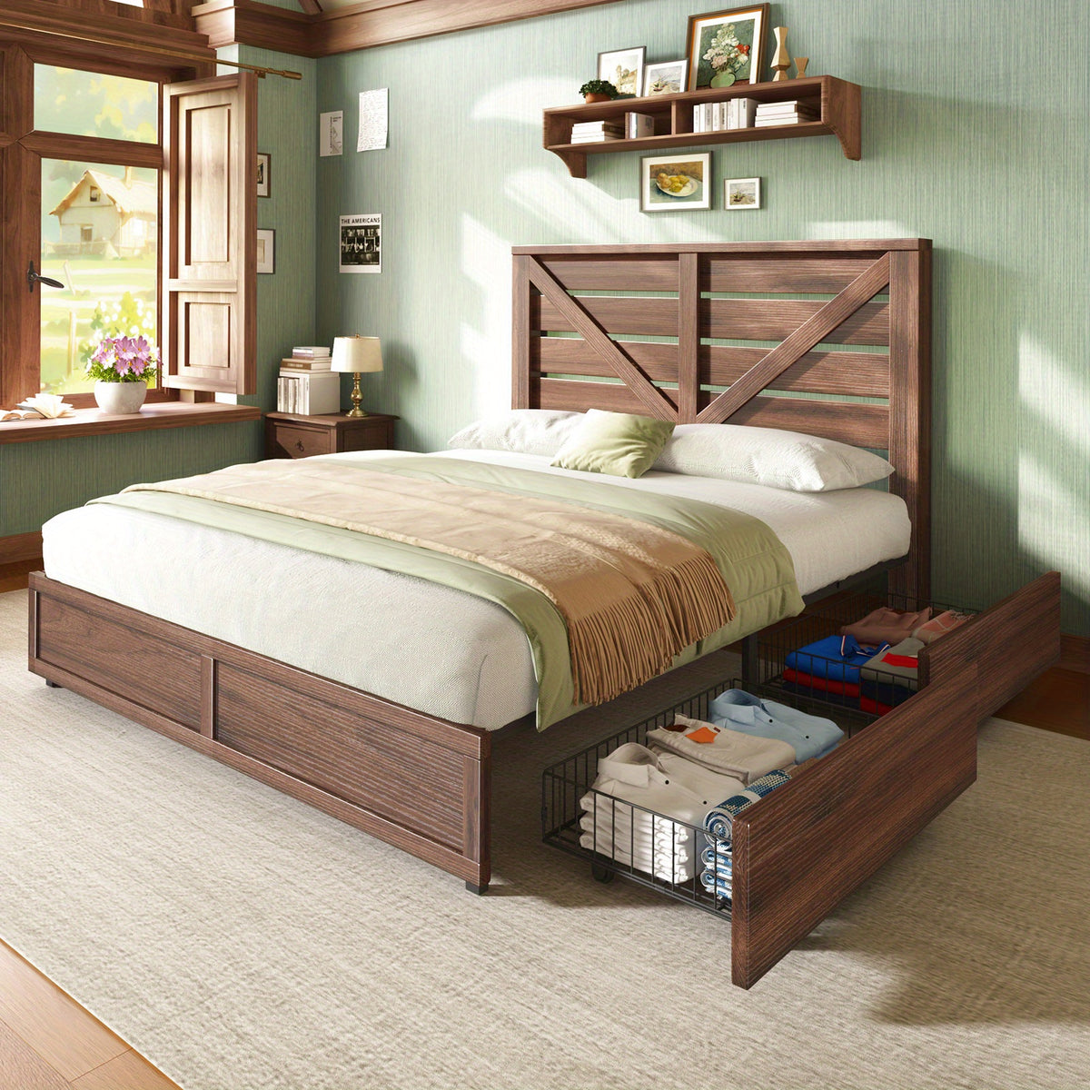 farmhouse bed frame 4 storage drawers rustic vintage mdf - Temu