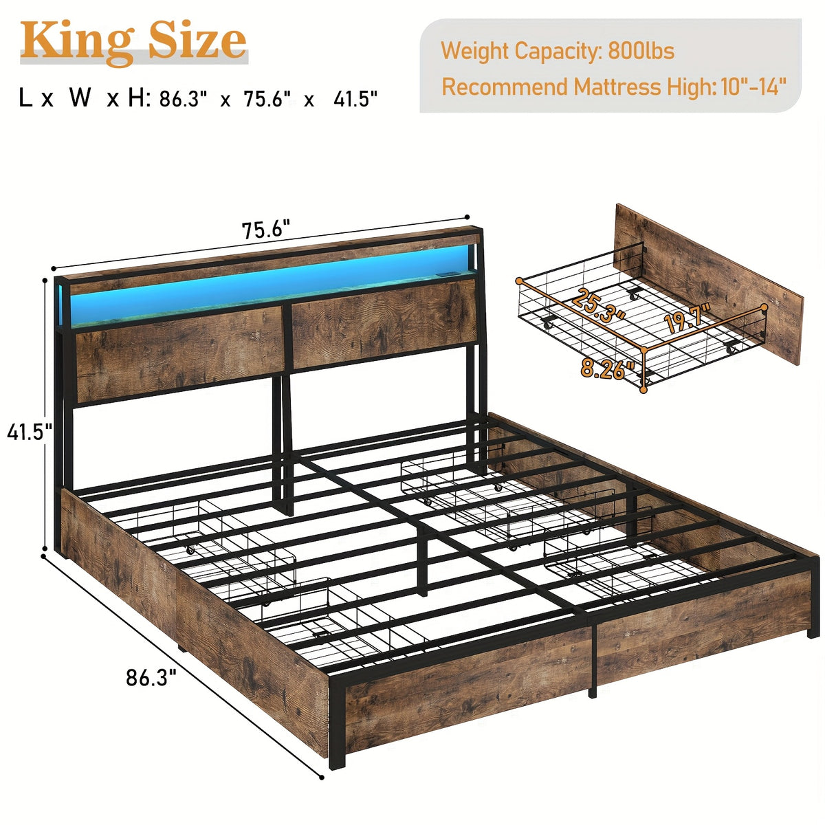 full queen king size bed frame 4 storage drawers headboard - Temu