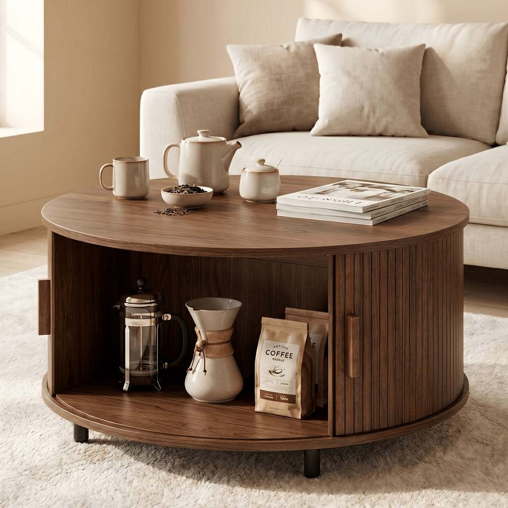 32 modern round coffee table sliding door storage wooden - Temu