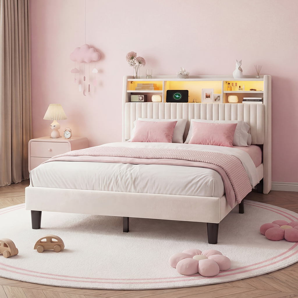 upholstered bed frame built in charging station led lighting - Temu