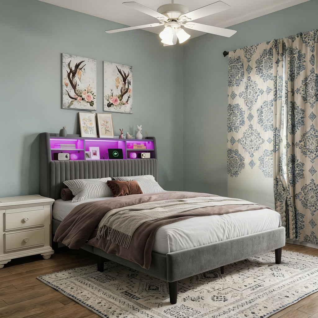 king size storage bed frame 2 tier shelf headboard led - Temu