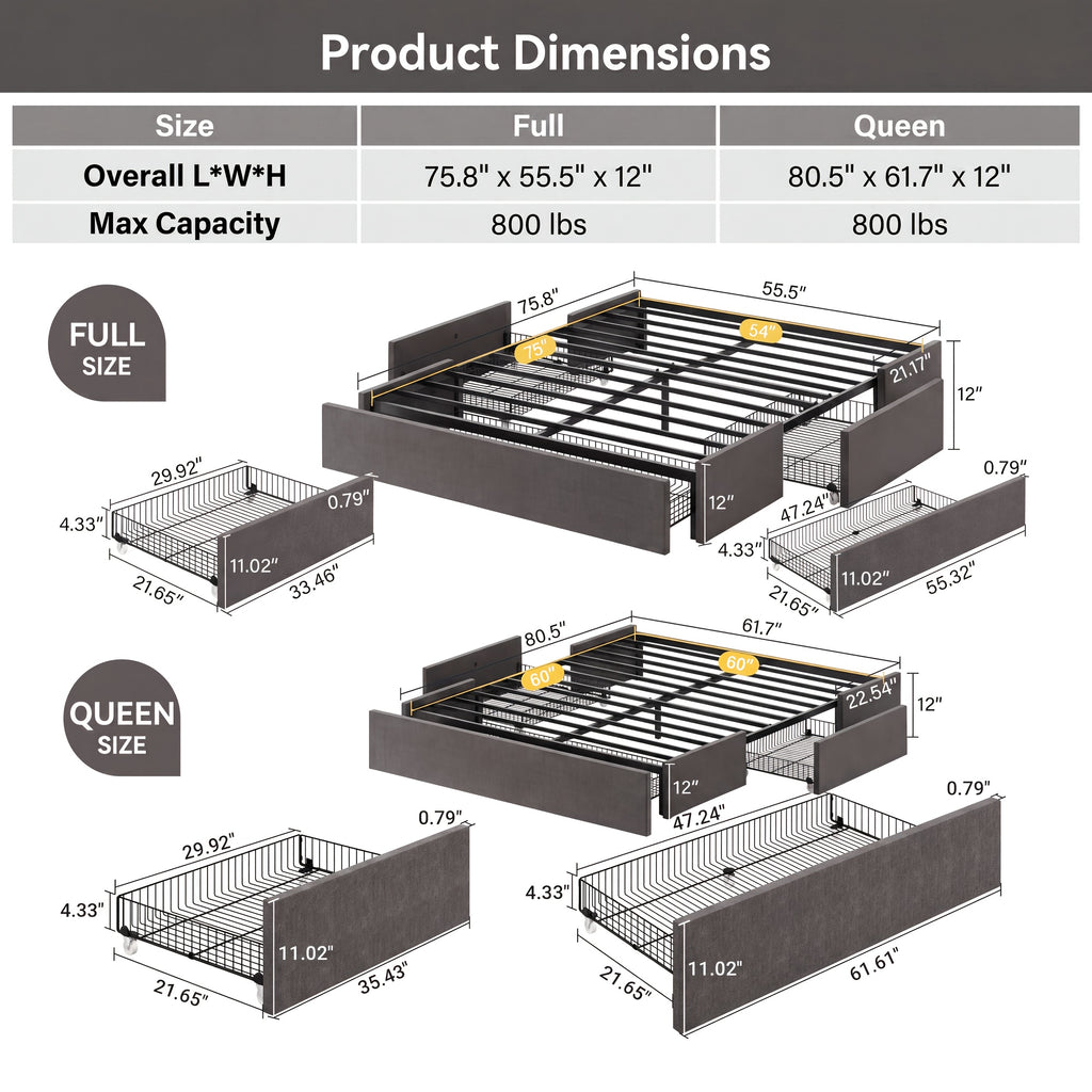 full queen size platform bed frame 3 storage drawers - Temu