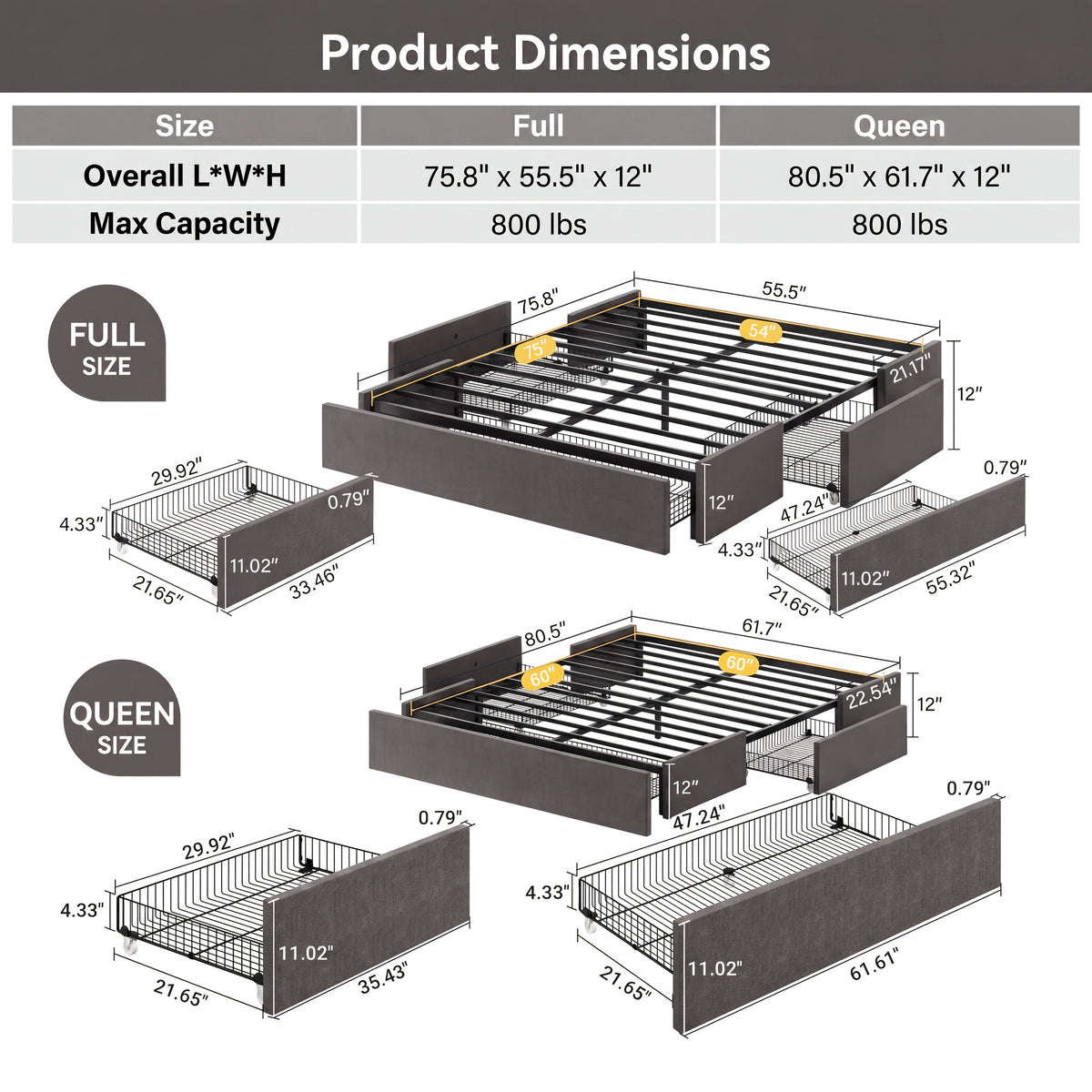 full queen size platform bed frame 3 storage drawers - Temu