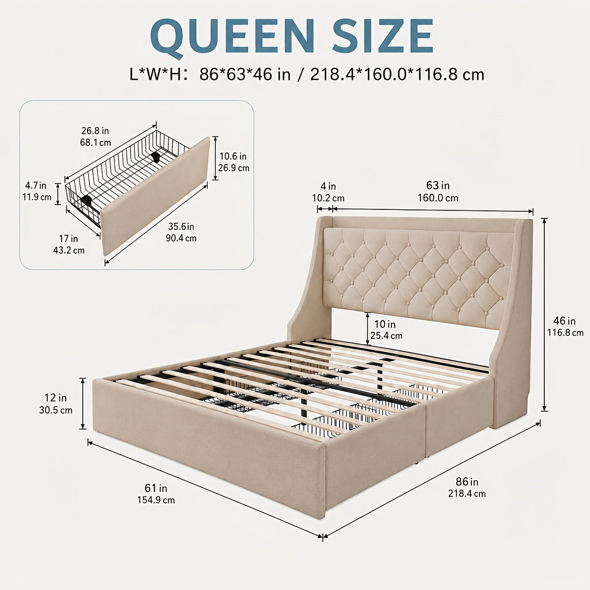 bed frame charging station linen fabric storage headboard - Temu