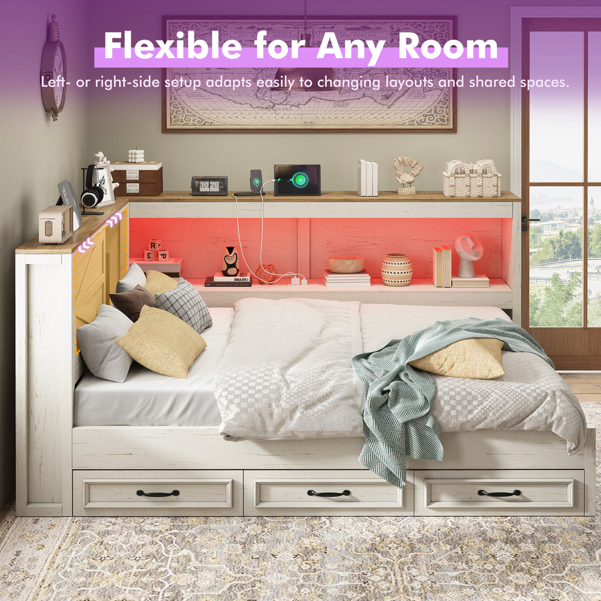 storage corner bed frame bookcase headboard led - Temu