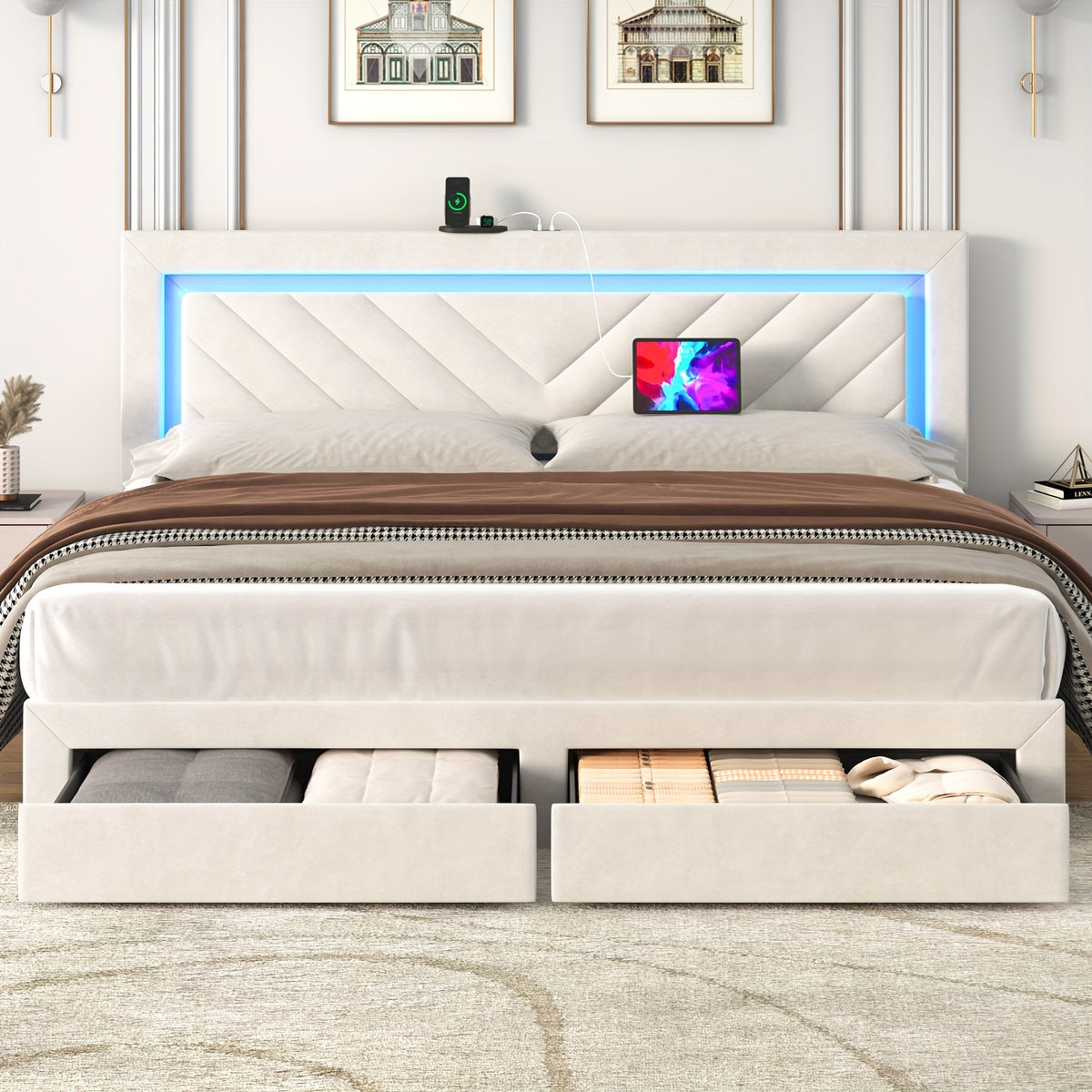 modern upholstered king bed frame adjustable led headboard 2 - Temu