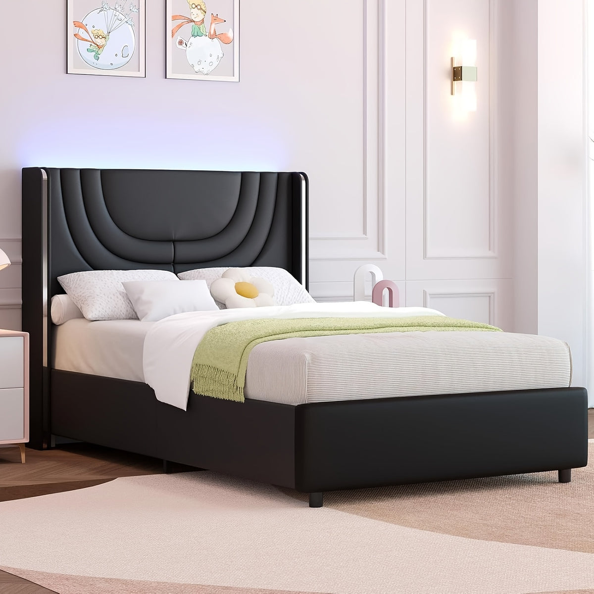 twin full queen size bed frame led lights faux leather - Temu