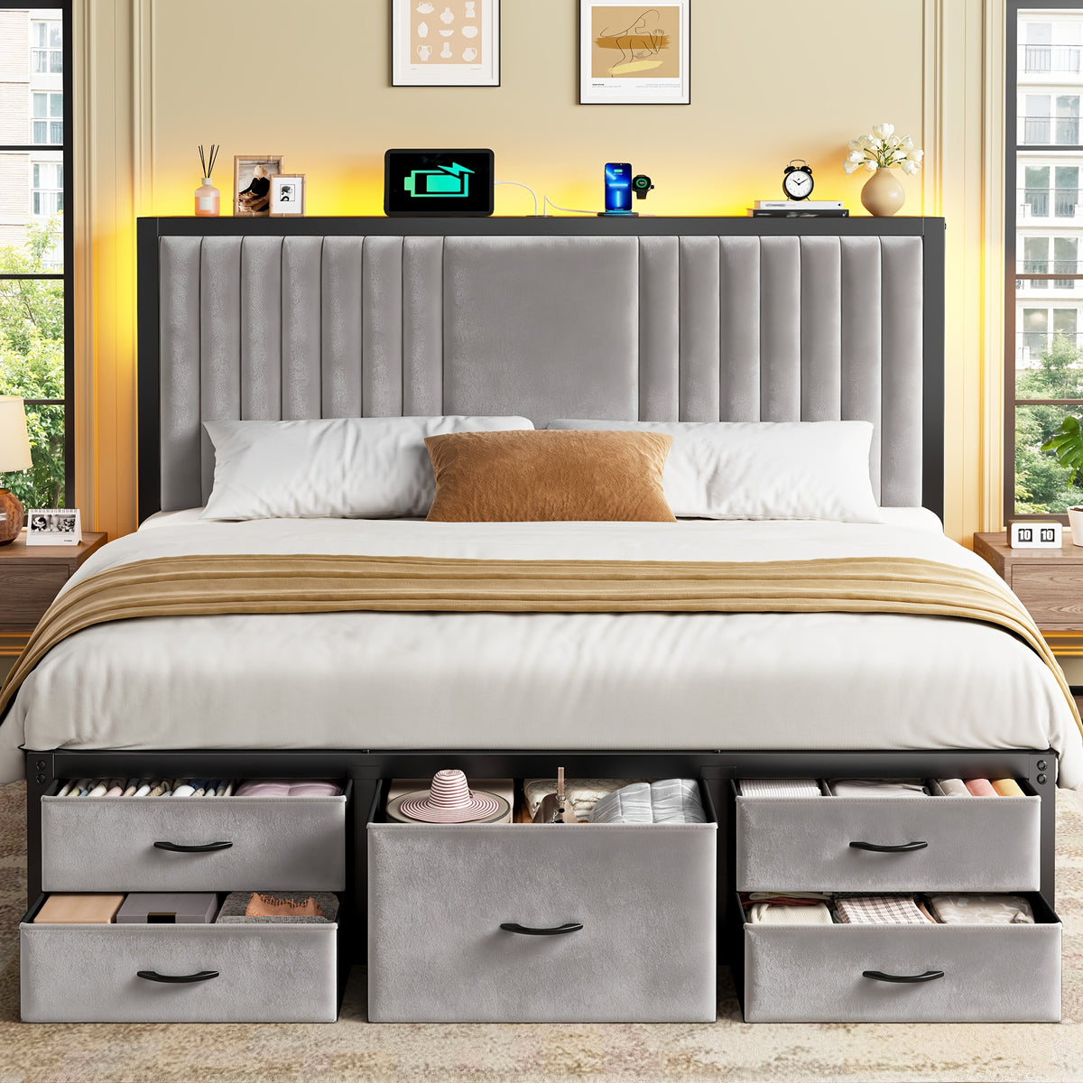 king queen full size velvet bed frame 5 storage drawers - Temu
