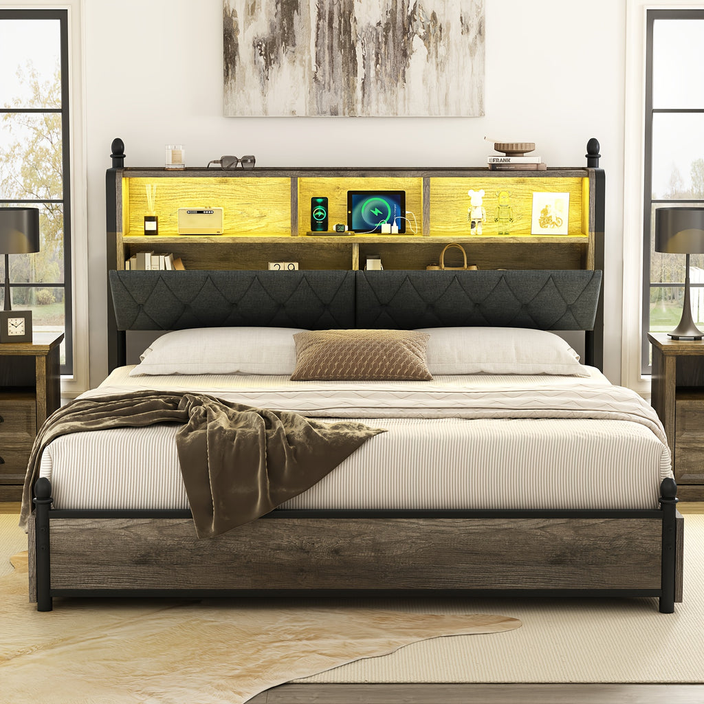 wooden platform bed bookcase headboard 4 storage drawers - Temu