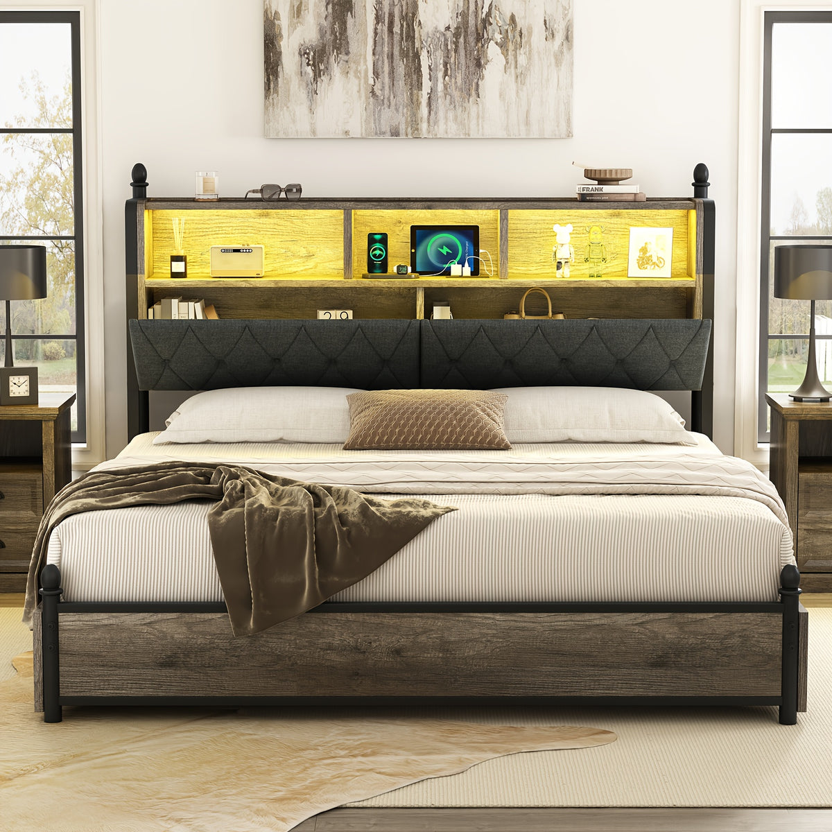 wooden platform bed bookcase headboard 4 storage drawers - Temu