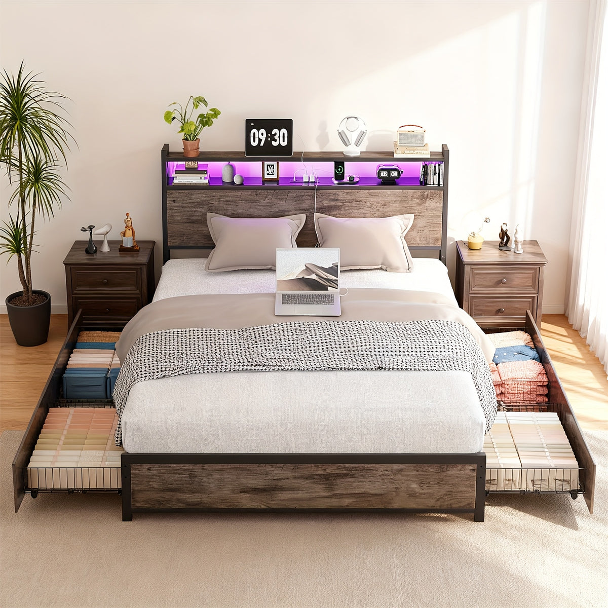 queen size bed frame storage headboard 4 drawers no - Temu