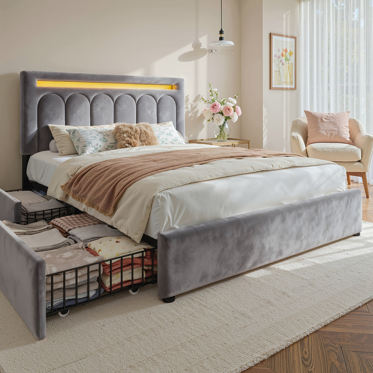 size velvet upholstered bed frame 4 storage drawers - Temu