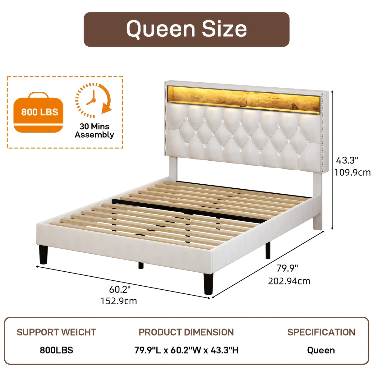 full queen king bed frame led lights velvet - Temu