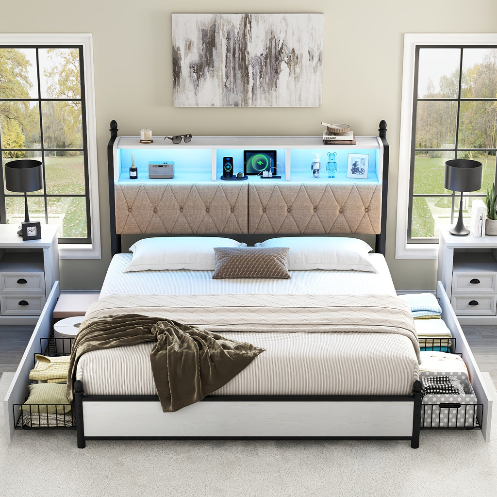 wooden platform bed bookcase headboard 4 storage drawers - Temu