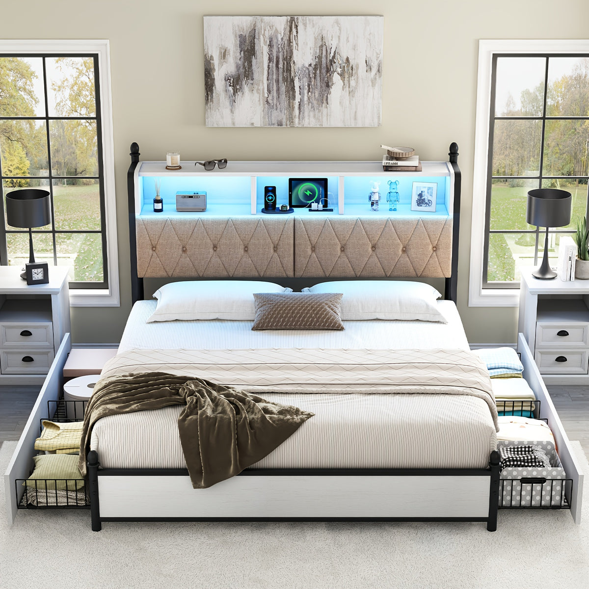 wooden platform bed bookcase headboard 4 storage drawers - Temu