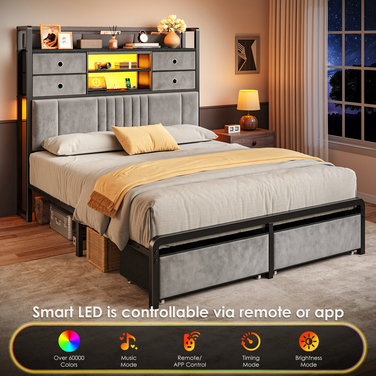 bed   drawers charging station upholstered - Temu