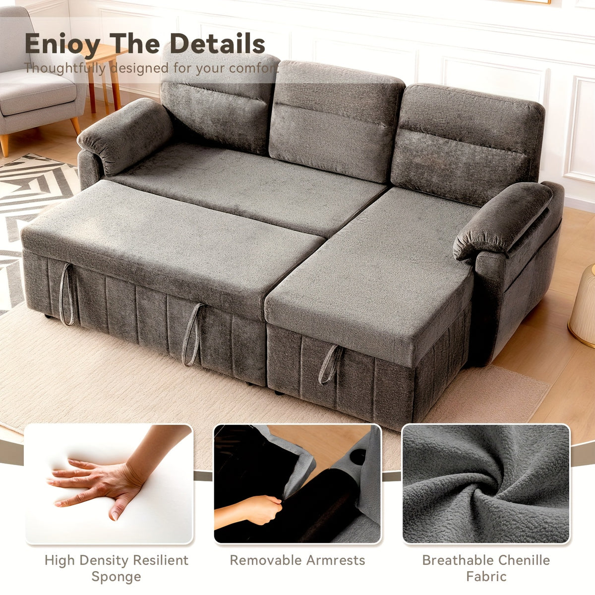convertible sofa bed a pullout mattress featuring a chaise - Temu