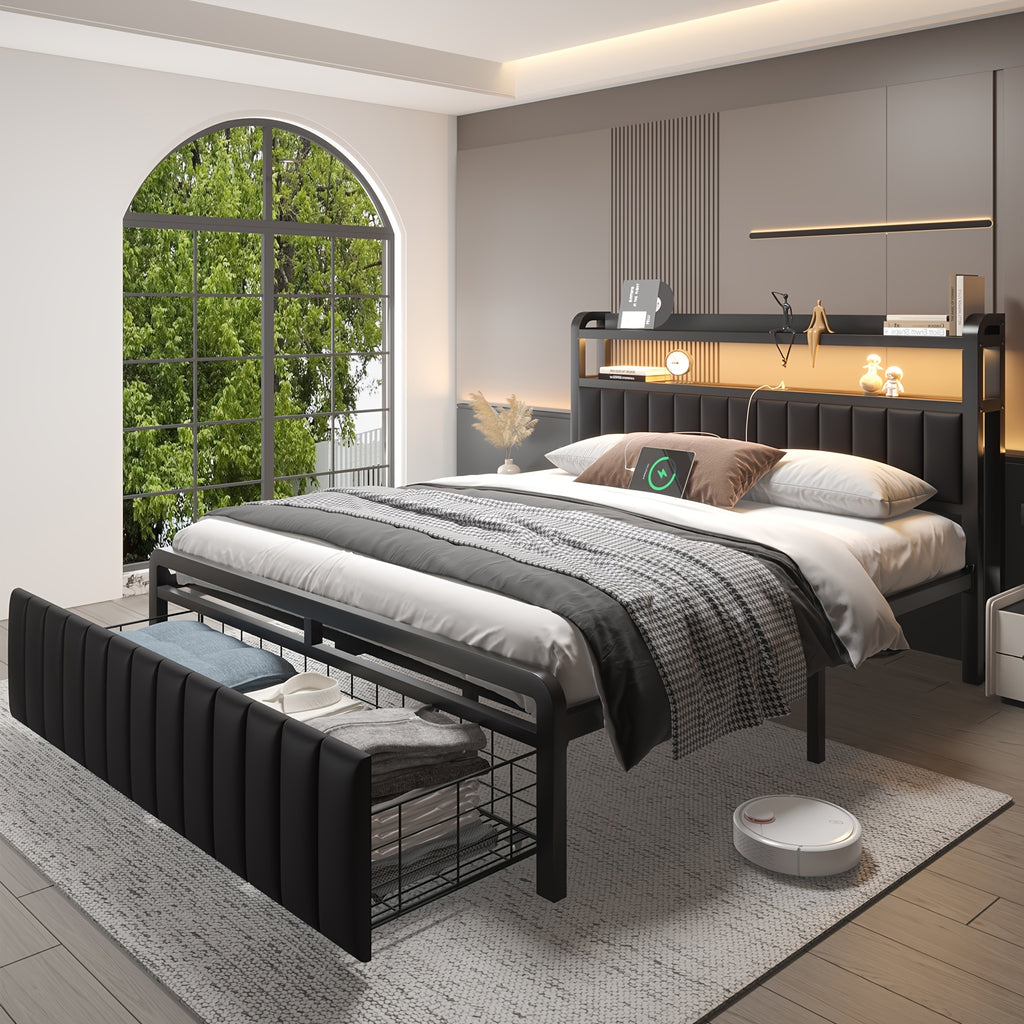 metal platform bed frame 2 tier storage headboard hidden - Temu