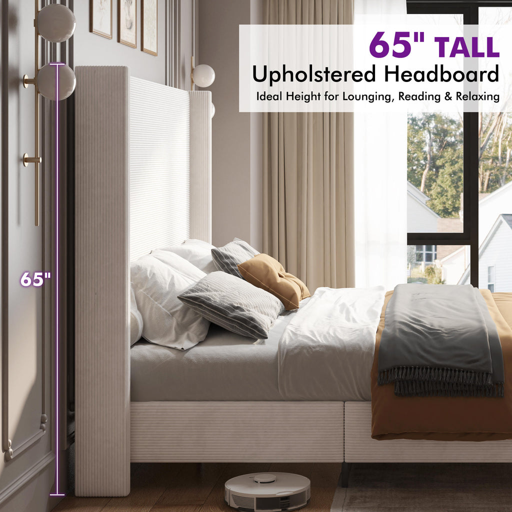 corduroy upholstered bed frame tall wingback headboard solid - Temu