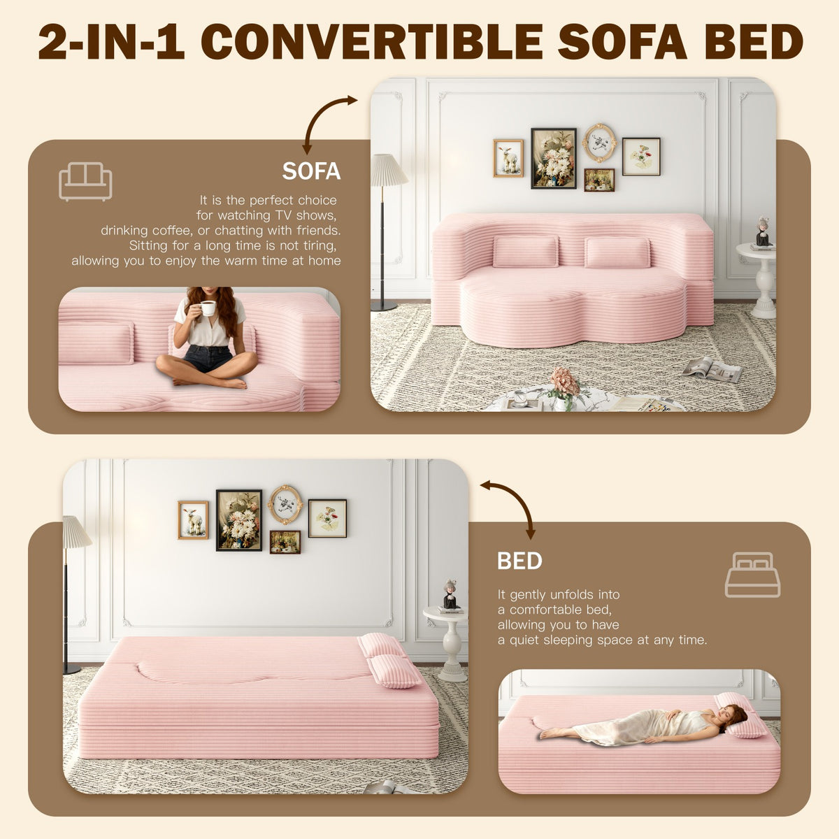 modern floor sofa 2 pillows convertible plush corduroy foam - Temu