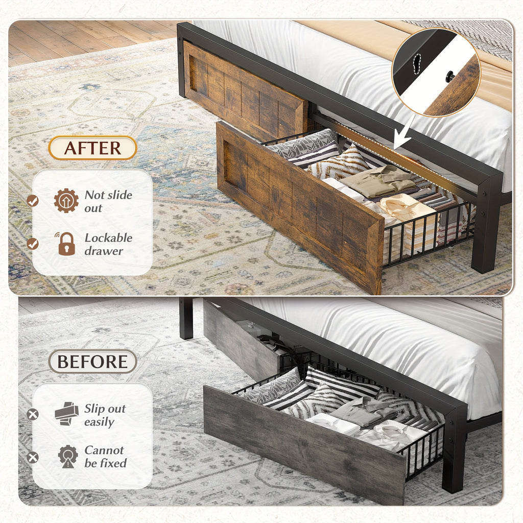 full queen king size bed frame headboard storage 2 drawers - Temu