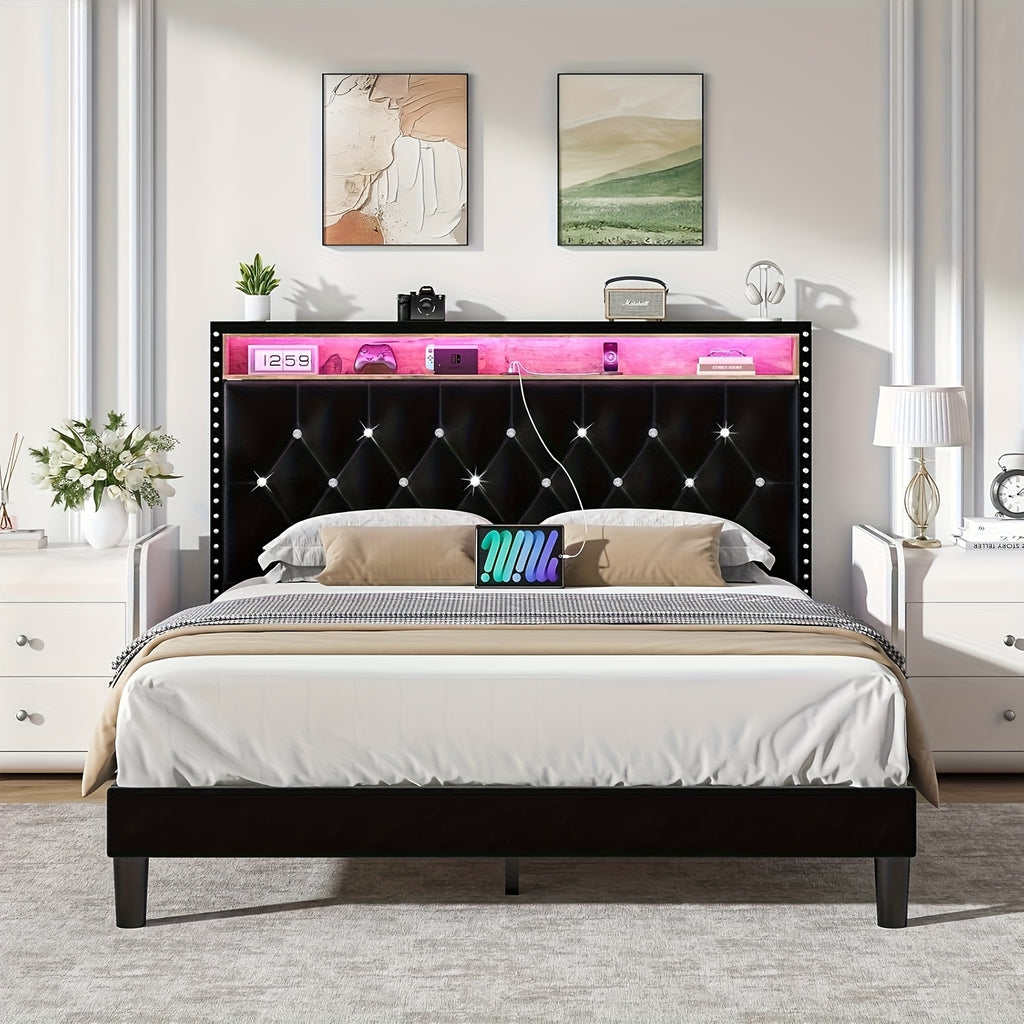 bed frame led lights velvet upholstered platform bed storage - Temu