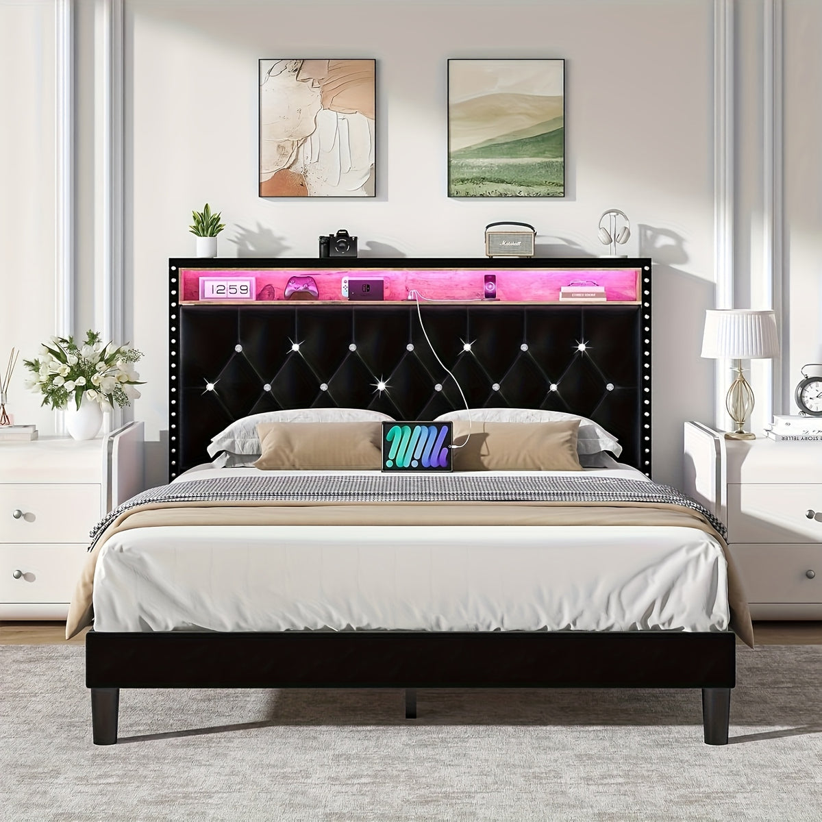 bed frame led lights velvet upholstered platform bed storage - Temu