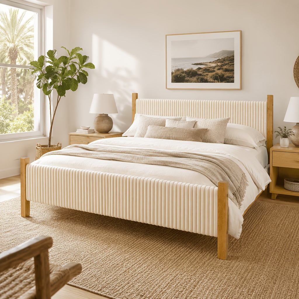 vertical fluted upholstered bed frame natural   - Temu