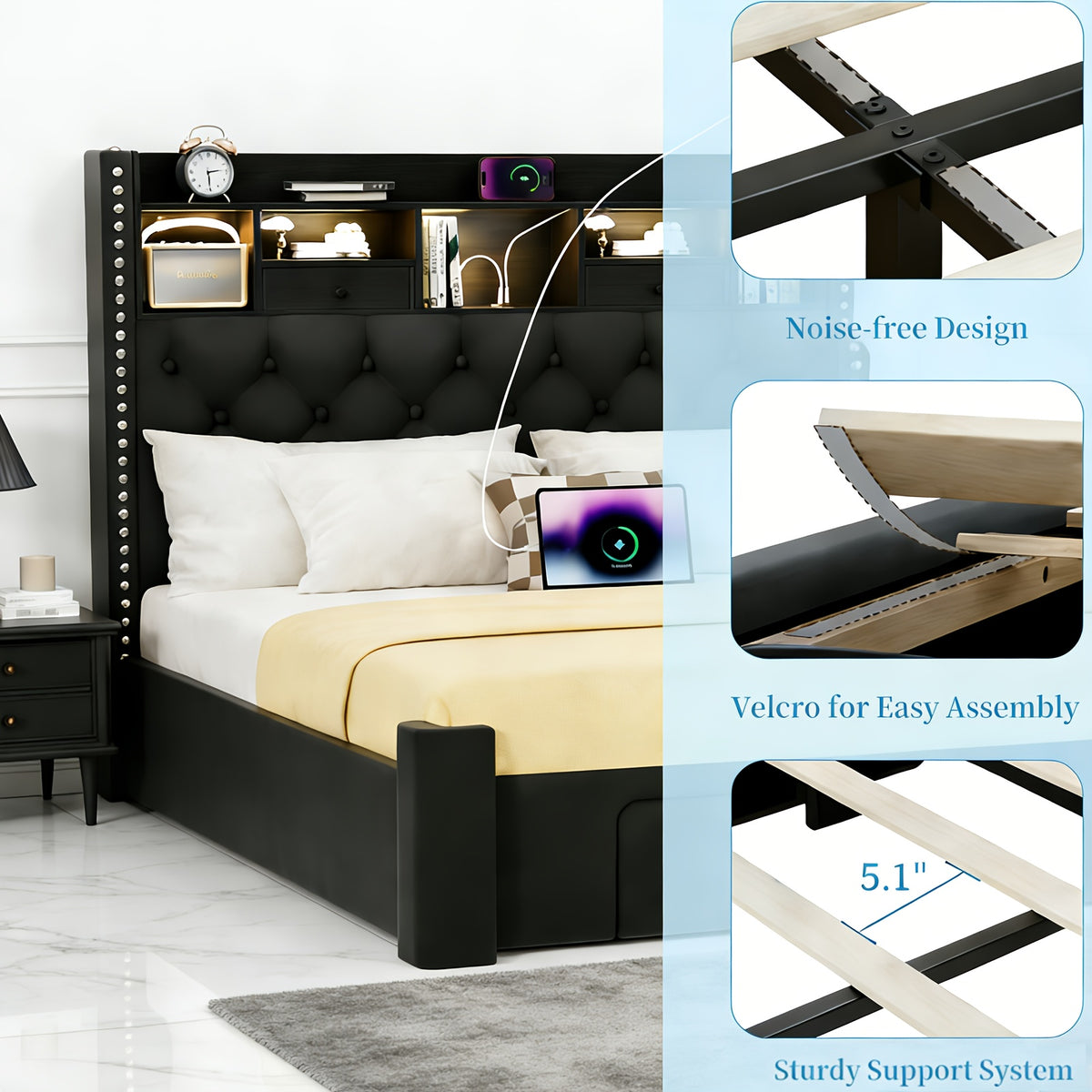 bed frame storage drawers bed frame led lights upholstered - Temu