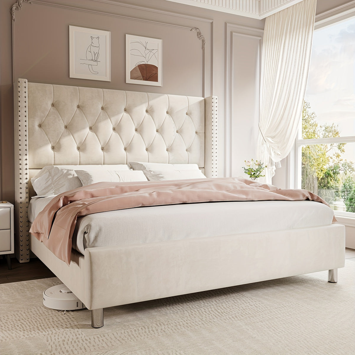 velvet upholstered bed frame wingback headboard no - Temu