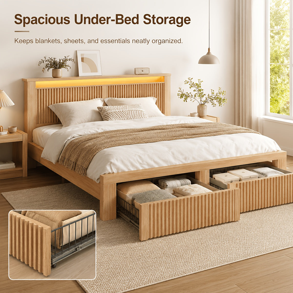 multifunctional bed frame storage shelf led light usb ports - Temu