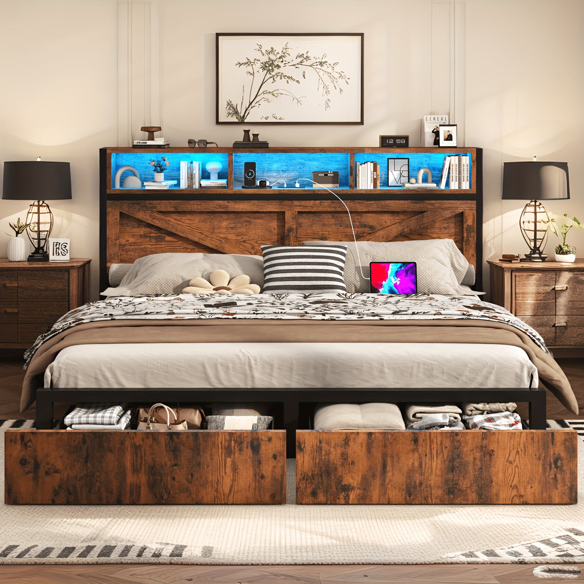 farmhouse bed frame storage headboard drawers led lights - Temu